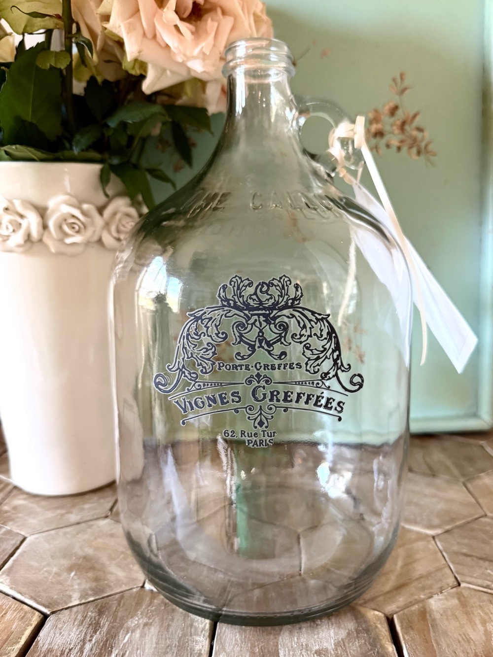 French Vintage Style Cellar Bottle, 
1-Gallon, Paris Decor, French Floral Tag